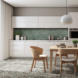 Modern interior design of Scandinavian kitchen with dining table