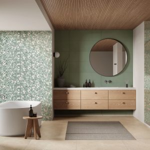 Minimalist,Bathroom,Interior,With,Wood,Accents,,Round,Mirror,,And,Freestanding
