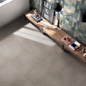 Modern interior design, room with gray tiles, top view, seamless
