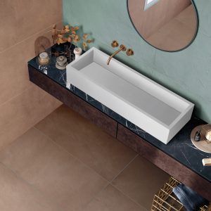 Interior of modern bathroom with grey marble walls, concrete flo